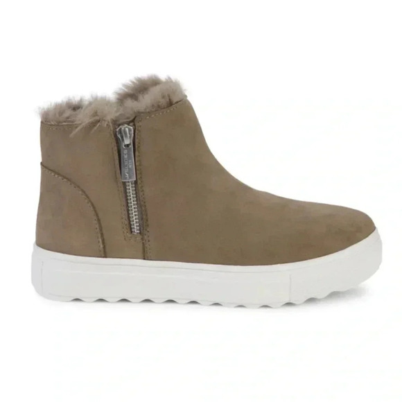 J/SLIDES Poppy Waterproof Faux Fur-Lined Suede Booties, Tan Gray Taupe, Size 7 - Picture 1 of 7